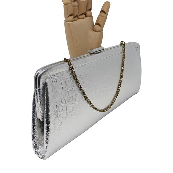 Vintage 60s Silver Evening Clutch Purse 12" Shimmery Metallic w Chain - Hey Viv - Picture 5 of 6